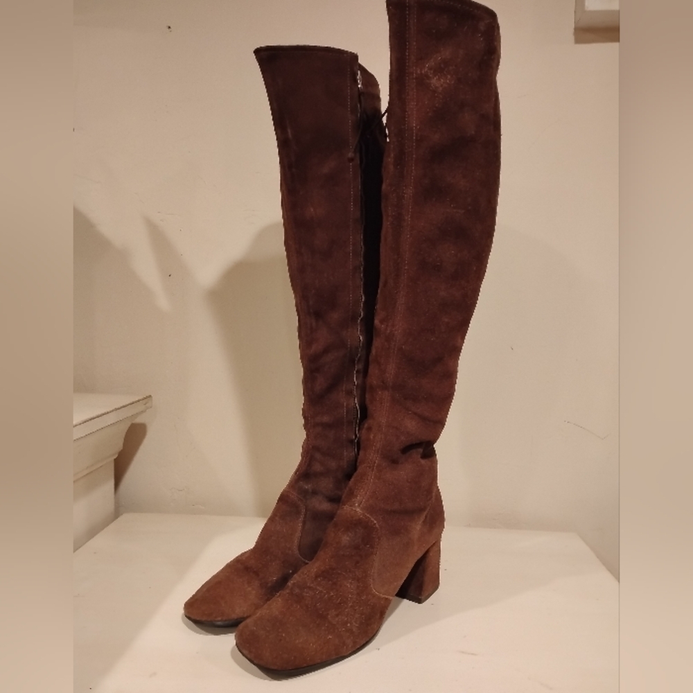 Authentic 1970s Vtg Tall Suede Zip Boots Java Brown 8 Women Slim Tight Leather